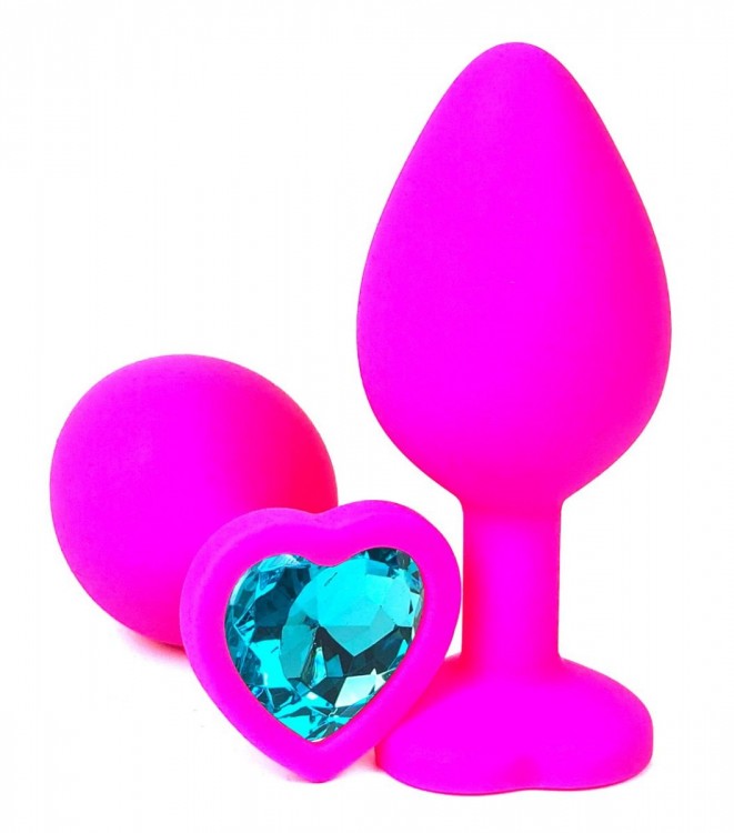 Розовая силиконовая пробка с голубым кристаллом-сердцем - 10,5 см.