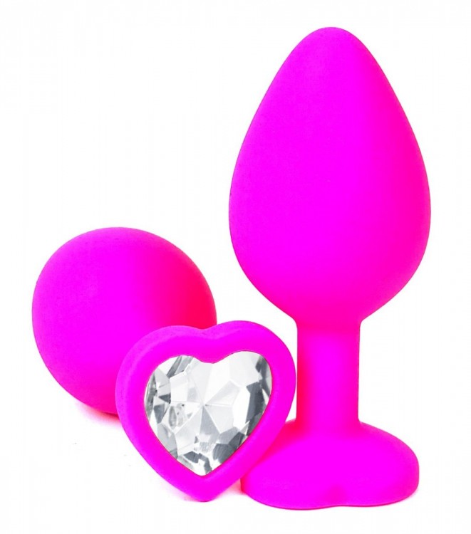 Розовая силиконовая пробка с прозрачным кристаллом-сердцем - 8 см.