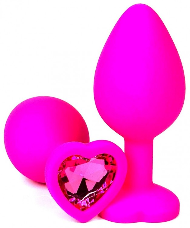 Розовая силиконовая пробка с розовым кристаллом-сердечком - 8 см.