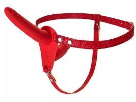 Красный страпон на ремнях с вагинальной пробкой - 15 см.