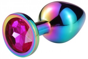 Разноцветная гладкая анальная пробка с розовым кристаллом - 9,5 см.
