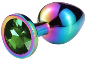 Разноцветная гладкая анальная пробка с зеленым кристаллом - 9,5 см.