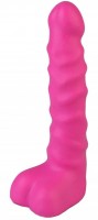 Ярко-розовый анальный стимулятор с мошонкой - 14 см.