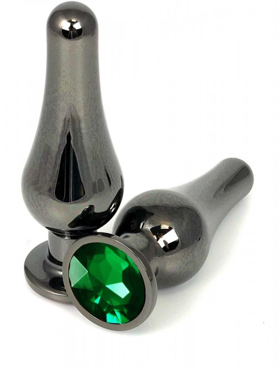 Черная удлиненная анальная пробка с зеленым кристаллом - 10 см.