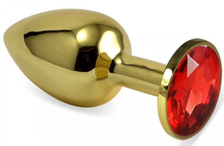 Золотистая анальная пробка с красным кристаллом - 8 см.