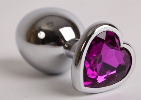 Серебристая анальная пробка с фиолетовым стразиком-сердечком - 8 см.