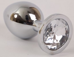 Серебристая анальная пробка с прозрачным стразом - 9,5 см.