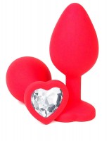 Красная силиконовая анальная пробка с прозрачным стразом-сердцем - 8,5 см.