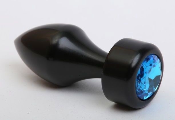 Чёрная анальная пробка с широким основанием и голубым кристаллом - 7,8 см.
