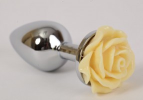 Серебристая анальная пробка с жёлтой розой - 7,6 см.