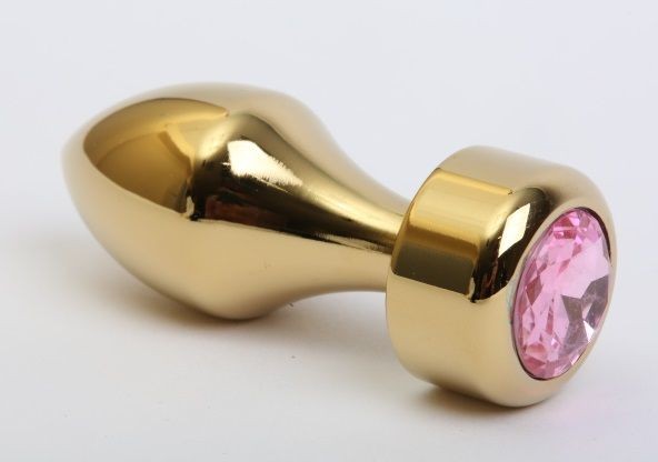 Золотистая анальная пробка с широким основанием и розовым кристаллом - 7,8 см.