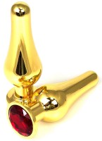 Золотистая удлиненная анальная пробка с красным кристаллом - 8 см.