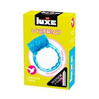Голубое эрекционное виброкольцо Luxe VIBRO "Райская птица" + презерватив