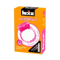 Розовое эрекционное виброкольцо Luxe VIBRO "Техасский бутон" + презерватив