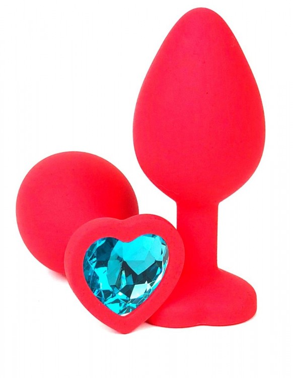 Красная силиконовая анальная пробка с голубым стразом-сердцем - 8 см.