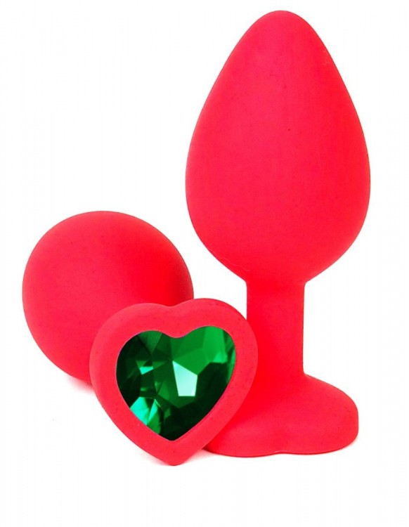 Красная силиконовая анальная пробка с зеленым стразом-сердцем - 8,5 см.