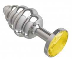 Серебристая спиралевидная анальная пробка с желтым кристаллом - 7 см.