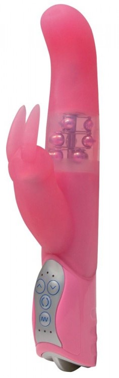 Розовый вибратор Pearl Bunny с загнутой головкой и клиторальным зайчиком - 26 см.