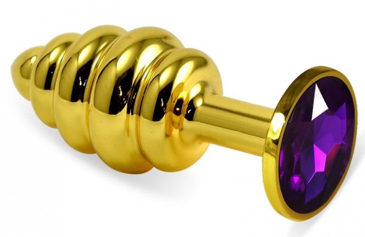Золотистая ребристая анальная пробка с фиолетовым кристаллом - 7,5 см. 