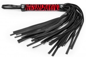 Черная многохвостовая плеть с круглой красной ручкой-зеброй - 39 см.