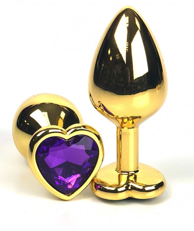 Золотистая анальная пробка с фиолетовым кристаллом-сердцем - 7 см.